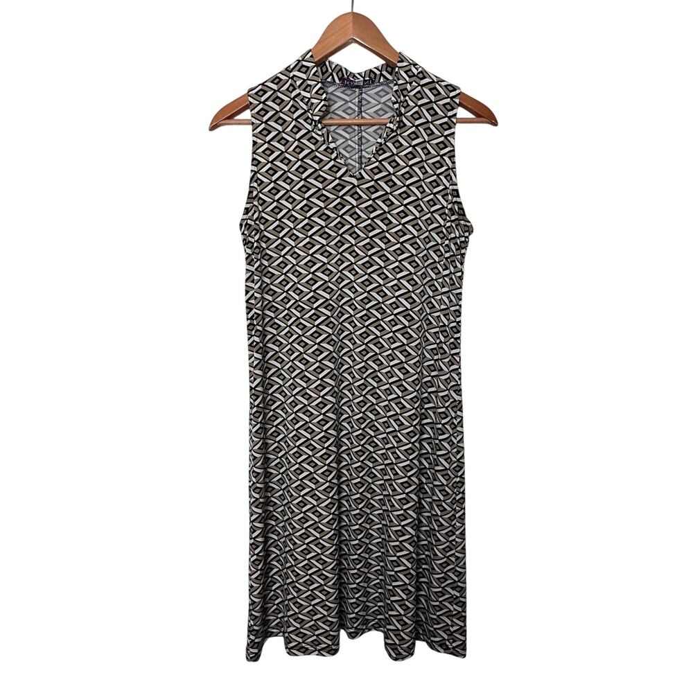 IOLANI Hawaii White Brown Black Print Sleeveless A Line Dress Women’s Sz Small